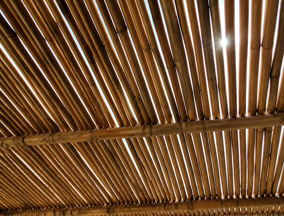 Looking up at a bamboo schach roof with sunlight coming through