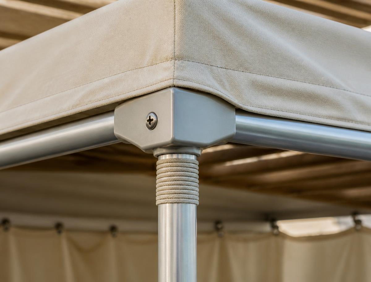 Close-up of a sukkah corner connector and canvas edge