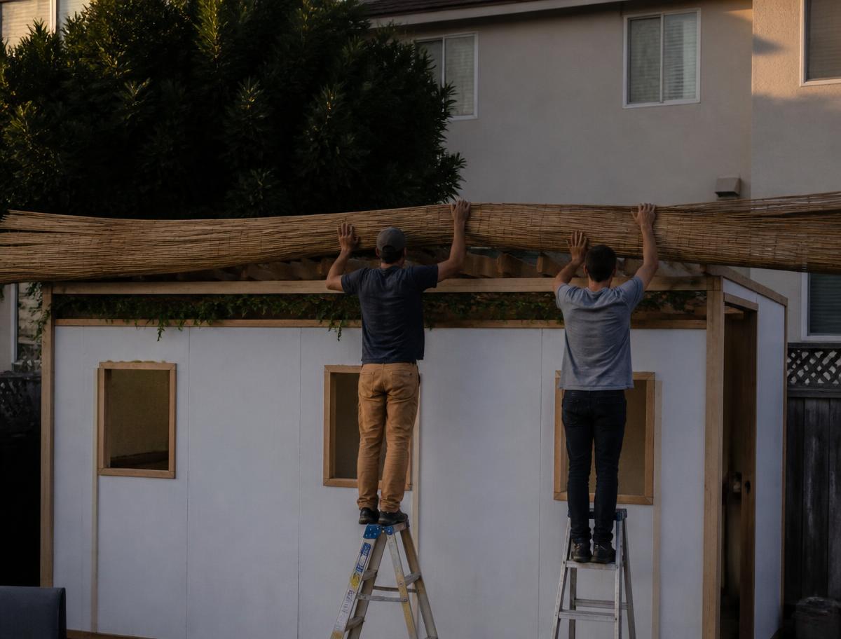 Installers lifting bamboo schach onto a sukkah roof