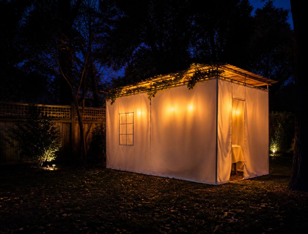 Canvas sukkah glowing warmly from within at night