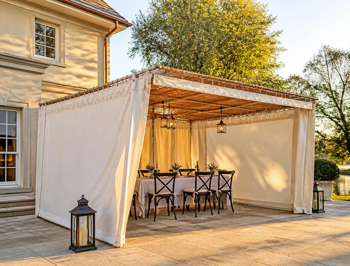 Extra-long canvas sukkah on a wide driveway with warm lighting