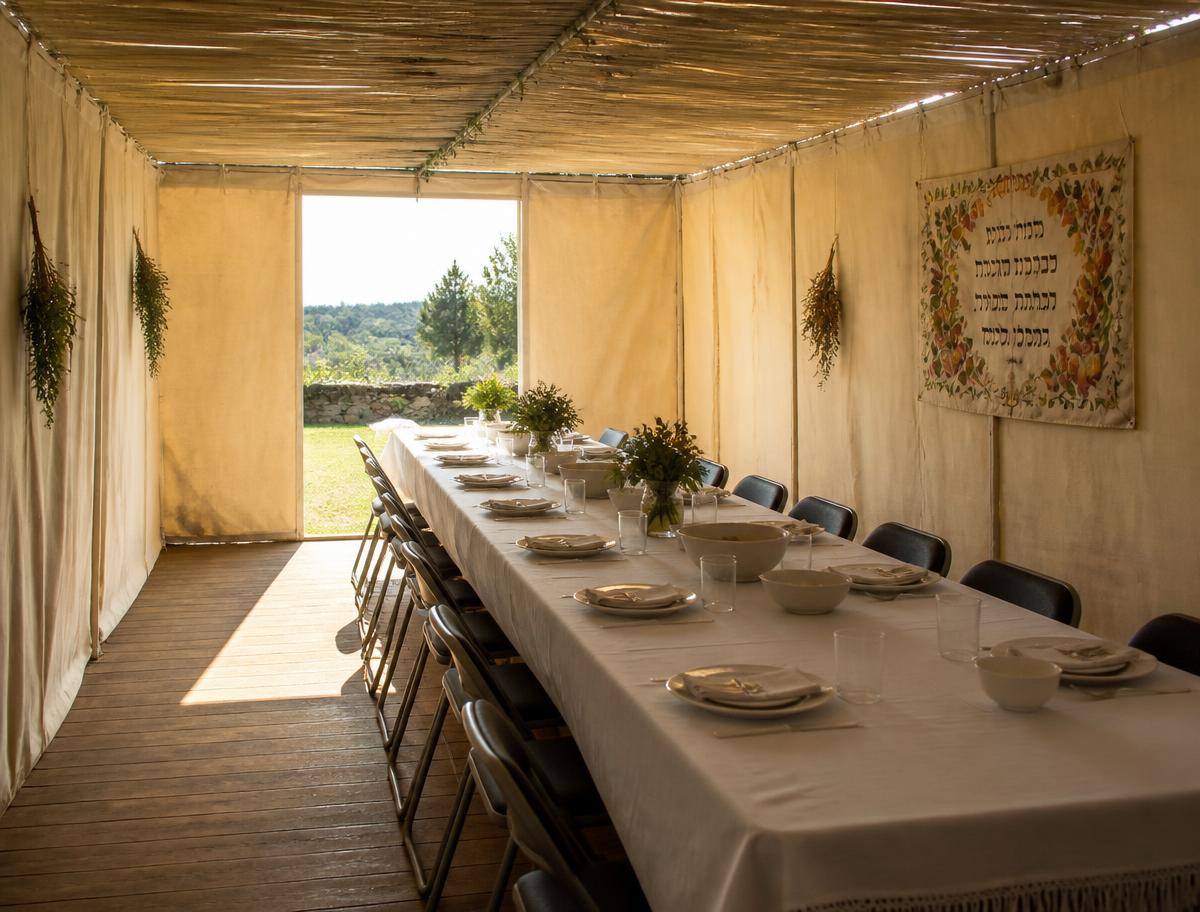 Inside a canvas sukkah with a long table set for a meal