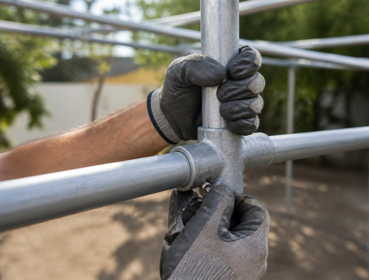 Gloved hands tightening a metal connector on a sukkah frame