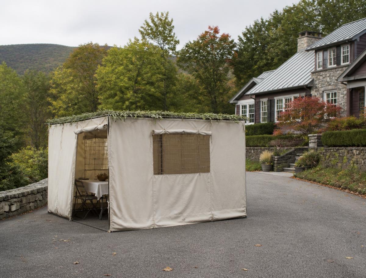 10' x 10' canvas sukkah set up outside a home
